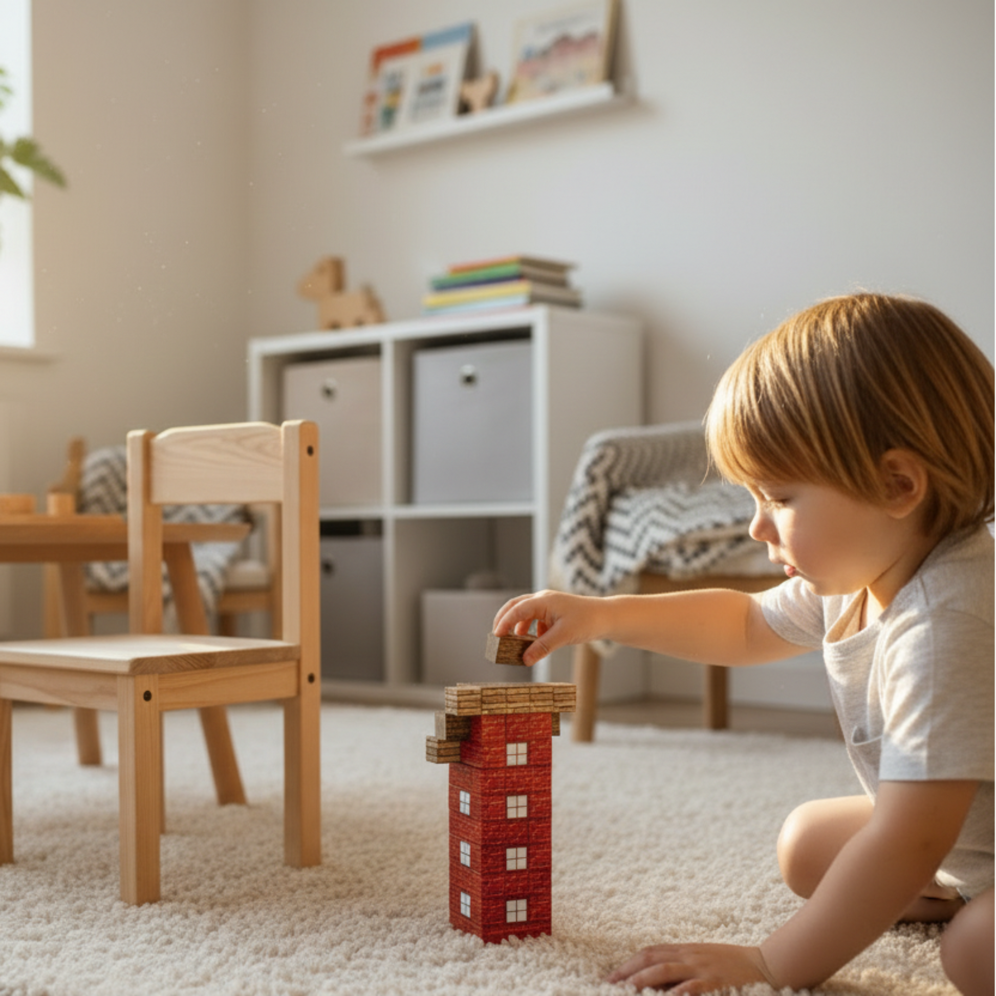 Lite barn som sitter på gulvet og bygger et høyt tårn med magnetiske byggeklosser i rød murstein-design.