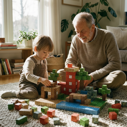 Bestefar og barnebarn sitter på gulvet og bygger hus og trær med magnetiske byggeklosser fra Klikkodilla. Et øyeblikk med kreativ lek og kvalitetstid.
