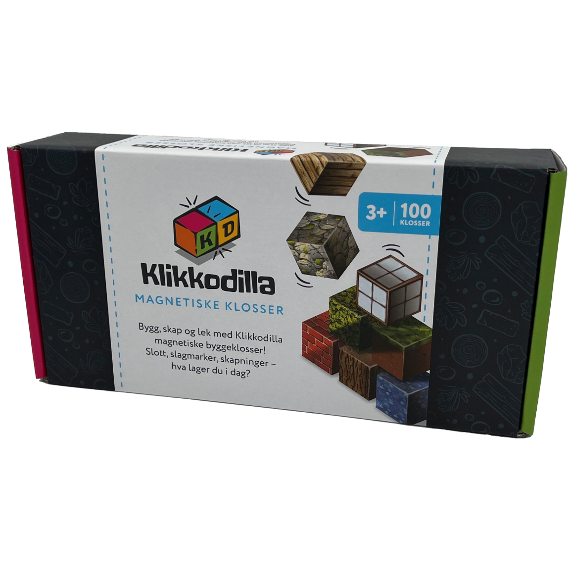 Åpen eske med Klikkodilla magnetiske byggeklosser som viser innholdet i startpakken, inkludert blokker med mønster av gress, tre, stein og vann.