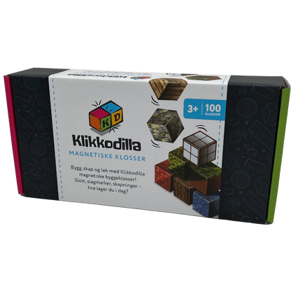 Åpen eske med Klikkodilla magnetiske byggeklosser som viser innholdet i startpakken, inkludert blokker med mønster av gress, tre, stein og vann.