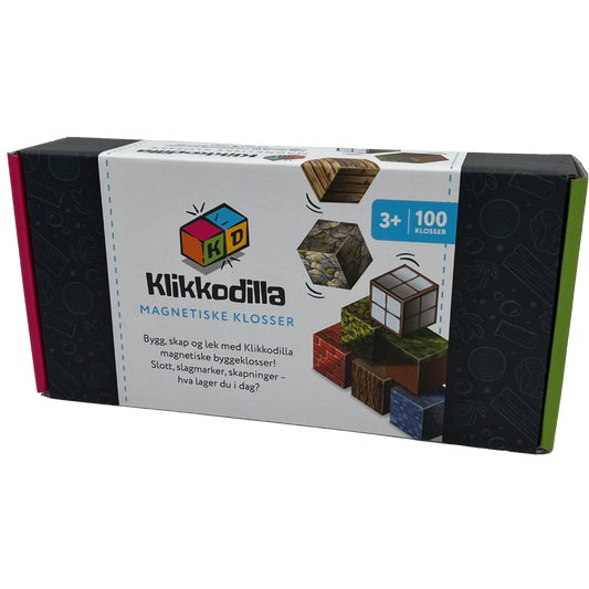 Åpen eske med Klikkodilla magnetiske byggeklosser som viser innholdet i startpakken, inkludert blokker med mønster av gress, tre, stein og vann.