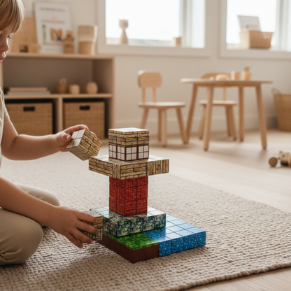 Barn som bygger en fantasifull figur med Klikkodilla magnetiske klosser, der elementer av vann, gress, stein, rød murstein, treplanker og vinduer kombineres.