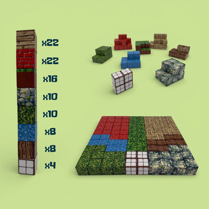 Infografikk som viser antall av de ulike klossene i Klikkodilla startpakke, inkludert murstein, tre og vannklosser.